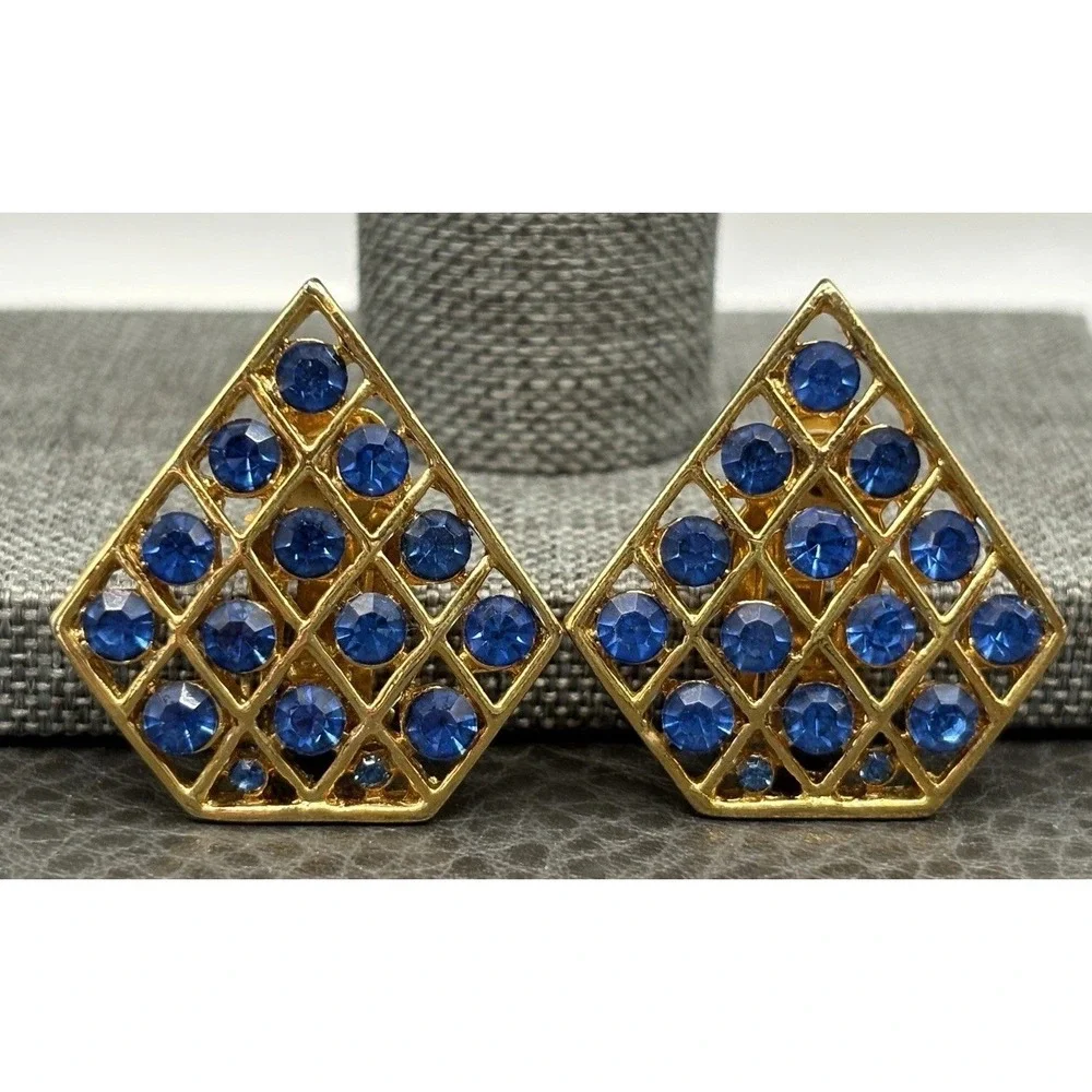 Vintage 80s Blue Rhinestone Gold Tone Diamond-Shaped Clip-On Earrings